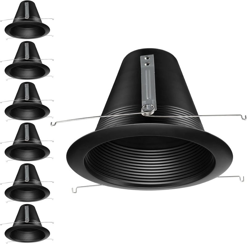 TORCHSTAR 6 Inch Recessed Can Light Trim, Air Tight Baffle Trim, IC-Rated Anti-Glare 6 Inch Can Light Trim, Self-Flanged Recessed Light Trim, Black, Pack of 6 - Image 1